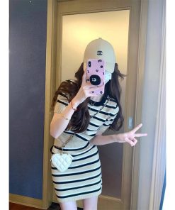 Petite Women's Striped Knitted Cardigan Set - Short Sleeve Top & Skirt Two-Piece for Autumn Fashion