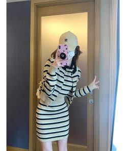 Petite Women's Striped Knitted Cardigan Set - Short Sleeve Top & Skirt Two-Piece for Autumn Fashion