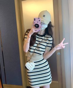 Petite Women's Striped Knitted Cardigan Set - Short Sleeve Top & Skirt Two-Piece for Autumn Fashion