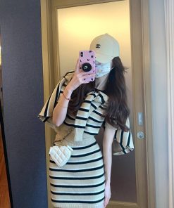 Petite Women's Striped Knitted Cardigan Set - Short Sleeve Top & Skirt Two-Piece for Autumn Fashion