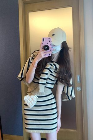 Petite Women's Striped Knitted Cardigan Set - Short Sleeve Top & Skirt Two-Piece for Autumn Fashion