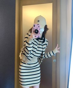 Petite Women's Striped Knitted Cardigan Set - Short Sleeve Top & Skirt Two-Piece for Autumn Fashion