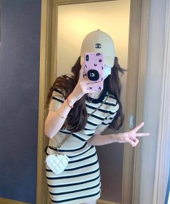 Petite Women's Striped Knitted Cardigan Set - Short Sleeve Top & Skirt Two-Piece for Autumn Fashion