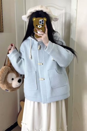 Petite Women's Woolen Duffle Coat with Hood, College Style, Winter JK Uniform, 2025 New Arrival
