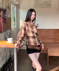 Pick Me Girl Outfit, Casual Chic Outfit - Plaid One Shoulder Top