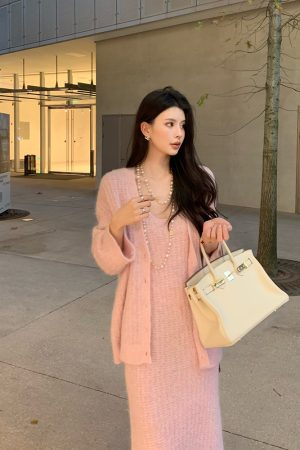 Pink Alpaca Wool Lazy Style Fashion Set for Women - Elegant High-End Autumn Winter Outfit