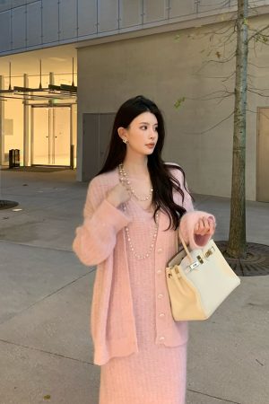Pink Alpaca Wool Lazy Style Fashion Set for Women - Elegant High-End Autumn Winter Outfit