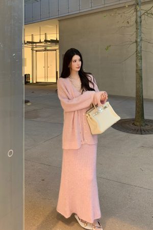 Pink Alpaca Wool Lazy Style Fashion Set for Women - Elegant High-End Autumn Winter Outfit