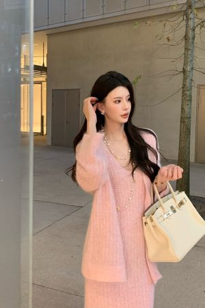 Pink Alpaca Wool Lazy Style Fashion Set for Women - Elegant High-End Autumn Winter Outfit