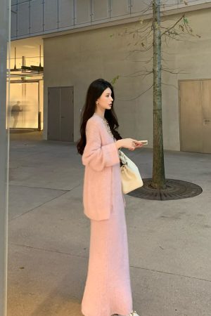 Pink Alpaca Wool Lazy Style Fashion Set for Women - Elegant High-End Autumn Winter Outfit
