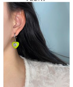 Pink and Apple Green Heart Zircon Stud Earrings for Women - Niche Design 925 Silver Jewelry for Early Spring Fashion