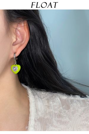 Pink and Apple Green Heart Zircon Stud Earrings for Women - Niche Design 925 Silver Jewelry for Early Spring Fashion