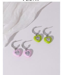 Pink and Apple Green Heart Zircon Stud Earrings for Women - Niche Design 925 Silver Jewelry for Early Spring Fashion