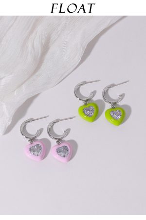 Pink and Apple Green Heart Zircon Stud Earrings for Women - Niche Design 925 Silver Jewelry for Early Spring Fashion