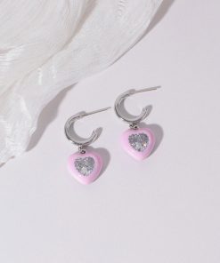 Pink and Apple Green Heart Zircon Stud Earrings for Women - Niche Design 925 Silver Jewelry for Early Spring Fashion