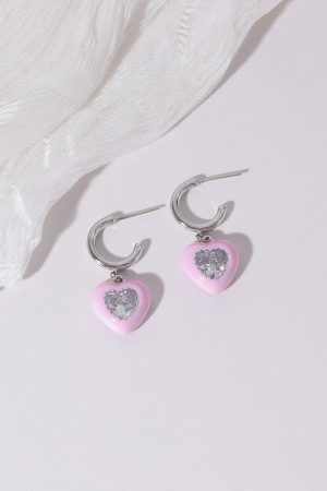 Pink and Apple Green Heart Zircon Stud Earrings for Women - Niche Design 925 Silver Jewelry for Early Spring Fashion