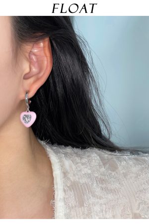 Pink and Apple Green Heart Zircon Stud Earrings for Women - Niche Design 925 Silver Jewelry for Early Spring Fashion