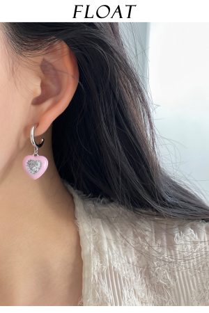 Pink and Apple Green Heart Zircon Stud Earrings for Women - Niche Design 925 Silver Jewelry for Early Spring Fashion