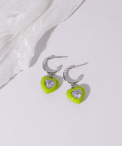 Pink and Apple Green Heart Zircon Stud Earrings for Women - Niche Design 925 Silver Jewelry for Early Spring Fashion
