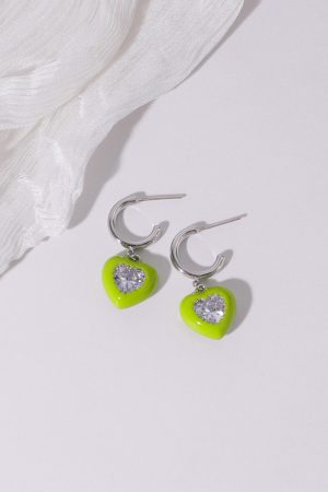 Pink and Apple Green Heart Zircon Stud Earrings for Women - Niche Design 925 Silver Jewelry for Early Spring Fashion