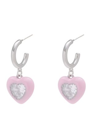 Pink and Apple Green Heart Zircon Stud Earrings for Women - Niche Design 925 Silver Jewelry for Early Spring Fashion