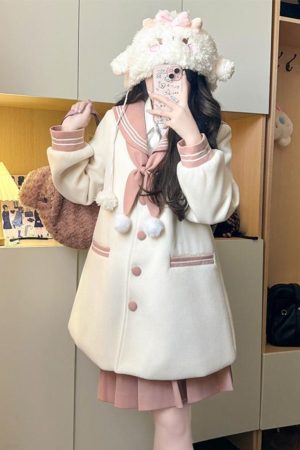 Pink and White Woolen JK Uniform Set with Navy Collar - Pudding Bear Inspired Autumn Winter Fashion 2025