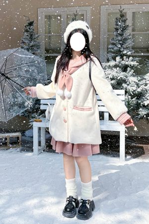 Pink and White Woolen JK Uniform Set with Navy Collar - Pudding Bear Inspired Autumn Winter Fashion 2025