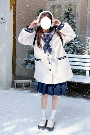 Pink and White Woolen JK Uniform Set with Navy Collar - Pudding Bear Inspired Autumn Winter Fashion 2025