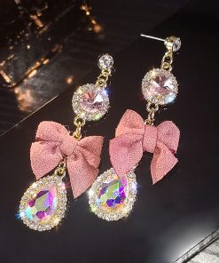 Pink Bowknot Crystal Tassel Earrings - Exaggerated Long Design, Stylish High-End Feel, Unique Women's Jewelry Trend