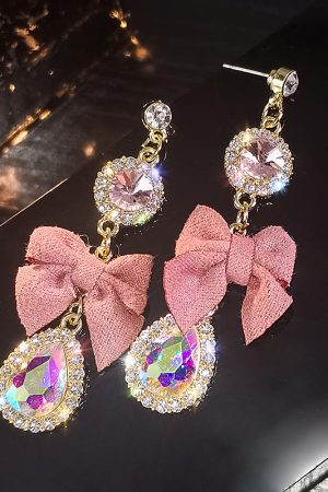 Pink Bowknot Crystal Tassel Earrings - Exaggerated Long Design, Stylish High-End Feel, Unique Women's Jewelry Trend