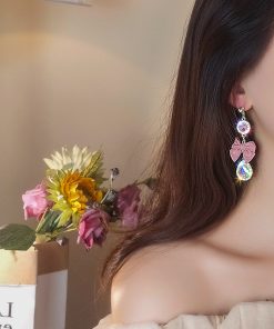 Pink Bowknot Crystal Tassel Earrings - Exaggerated Long Design, Stylish High-End Feel, Unique Women's Jewelry Trend
