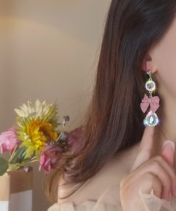 Pink Bowknot Crystal Tassel Earrings - Exaggerated Long Design, Stylish High-End Feel, Unique Women's Jewelry Trend