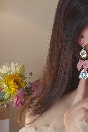 Pink Bowknot Crystal Tassel Earrings - Exaggerated Long Design, Stylish High-End Feel, Unique Women's Jewelry Trend