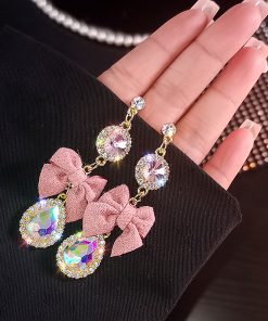 Pink Bowknot Crystal Tassel Earrings - Exaggerated Long Design, Stylish High-End Feel, Unique Women's Jewelry Trend