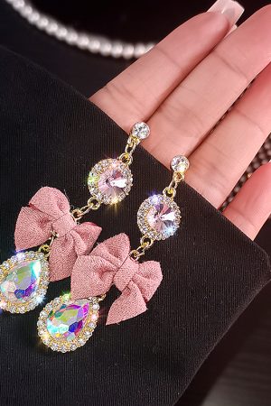 Pink Bowknot Crystal Tassel Earrings - Exaggerated Long Design, Stylish High-End Feel, Unique Women's Jewelry Trend