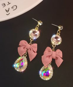 Pink Bowknot Crystal Tassel Earrings - Exaggerated Long Design, Stylish High-End Feel, Unique Women's Jewelry Trend