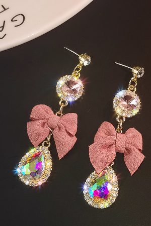 Pink Bowknot Crystal Tassel Earrings - Exaggerated Long Design, Stylish High-End Feel, Unique Women's Jewelry Trend