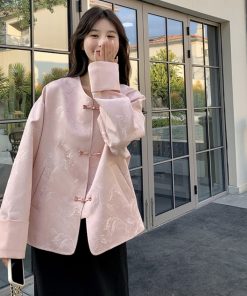 Pink Chinese-Style Women's Coat with National Knot Design, Loose Casual Fit for Spring and Autumn 2025