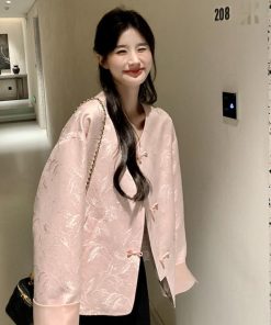 Pink Chinese-Style Women's Coat with National Knot Design, Loose Casual Fit for Spring and Autumn 2025