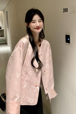 Pink Chinese-Style Women's Coat with National Knot Design, Loose Casual Fit for Spring and Autumn 2025