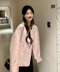 Pink Chinese-Style Women's Coat with National Knot Design, Loose Casual Fit for Spring and Autumn 2025