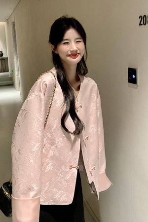 Pink Chinese-Style Women's Coat with National Knot Design, Loose Casual Fit for Spring and Autumn 2025