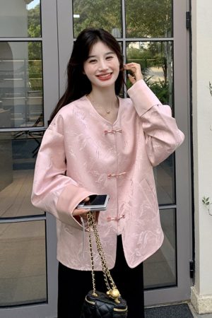 Pink Chinese-Style Women's Coat with National Knot Design, Loose Casual Fit for Spring and Autumn 2025