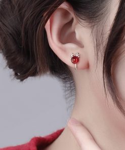 Pink Crystal Dragon Year Birthstone Stud Earrings for Women, Light Luxury Ear Clips, Trendy Accessories for Autumn and Winter 2025