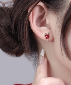 Pink Crystal Dragon Year Birthstone Stud Earrings for Women, Light Luxury Ear Clips, Trendy Accessories for Autumn and Winter 2025