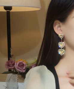Pink Crystal Heart Earrings for Women, Trendy Japanese Korean Style, Minimalist Long Design, Elegant High-End Fashion Accessory