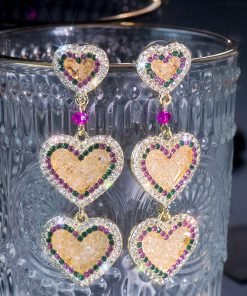 Pink Crystal Heart Earrings for Women, Trendy Japanese Korean Style, Minimalist Long Design, Elegant High-End Fashion Accessory