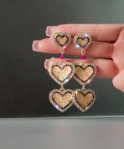 Pink Crystal Heart Earrings for Women, Trendy Japanese Korean Style, Minimalist Long Design, Elegant High-End Fashion Accessory