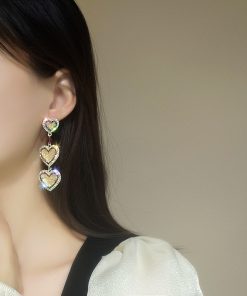 Pink Crystal Heart Earrings for Women, Trendy Japanese Korean Style, Minimalist Long Design, Elegant High-End Fashion Accessory