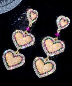 Pink Crystal Heart Earrings for Women, Trendy Japanese Korean Style, Minimalist Long Design, Elegant High-End Fashion Accessory
